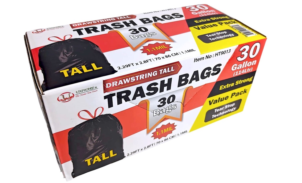 [HT9013] 30 pc Black 30 Gallon Garbage Bags w. Draw String,1.1mil(6 box ...